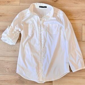 Women’s FORENZA white 3/4 Roll Sleeve Collared Button down top blouse Large